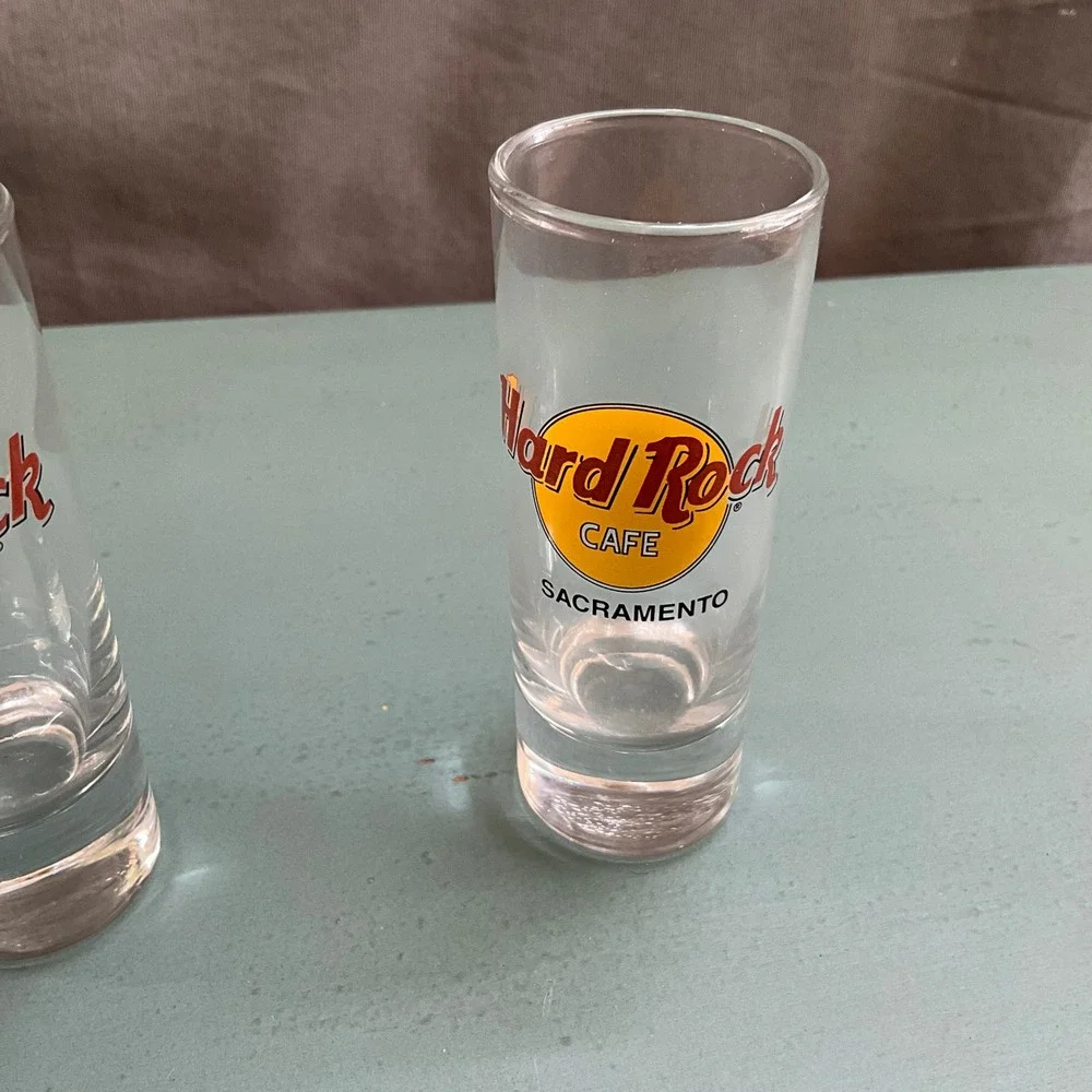 2 Hard Rock Cafe Shot Glasses Lake Tahoe Sacramento Souvenir Shooters Barware